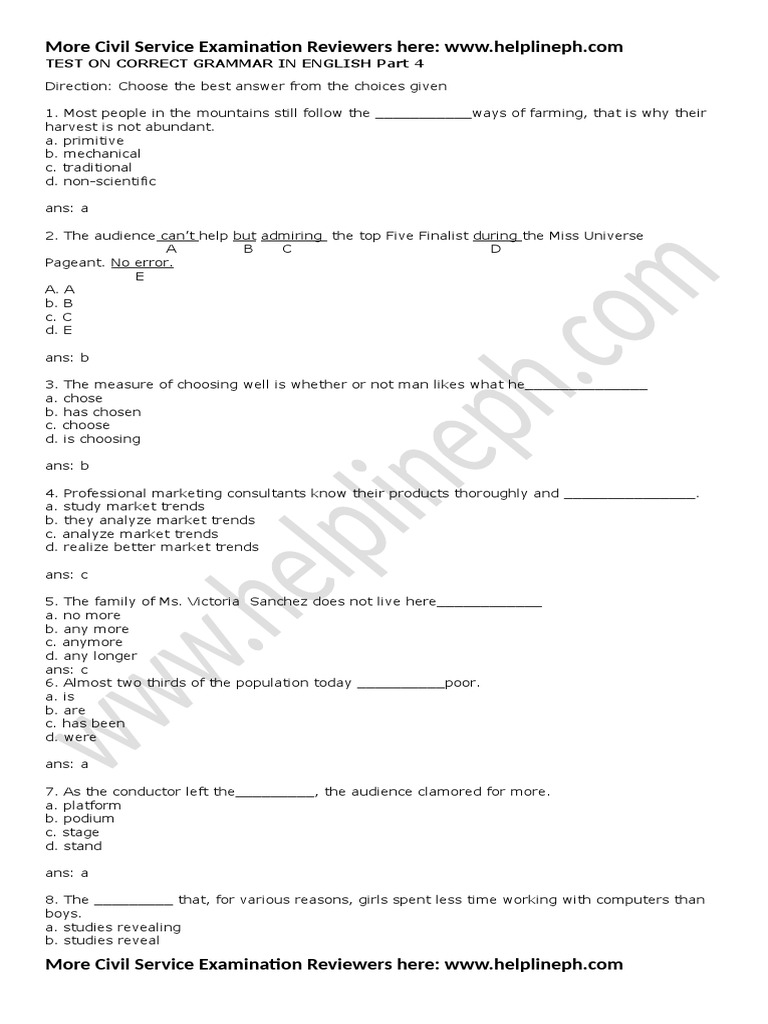 Test On Correct Grammar In English Part 4 4 PDF