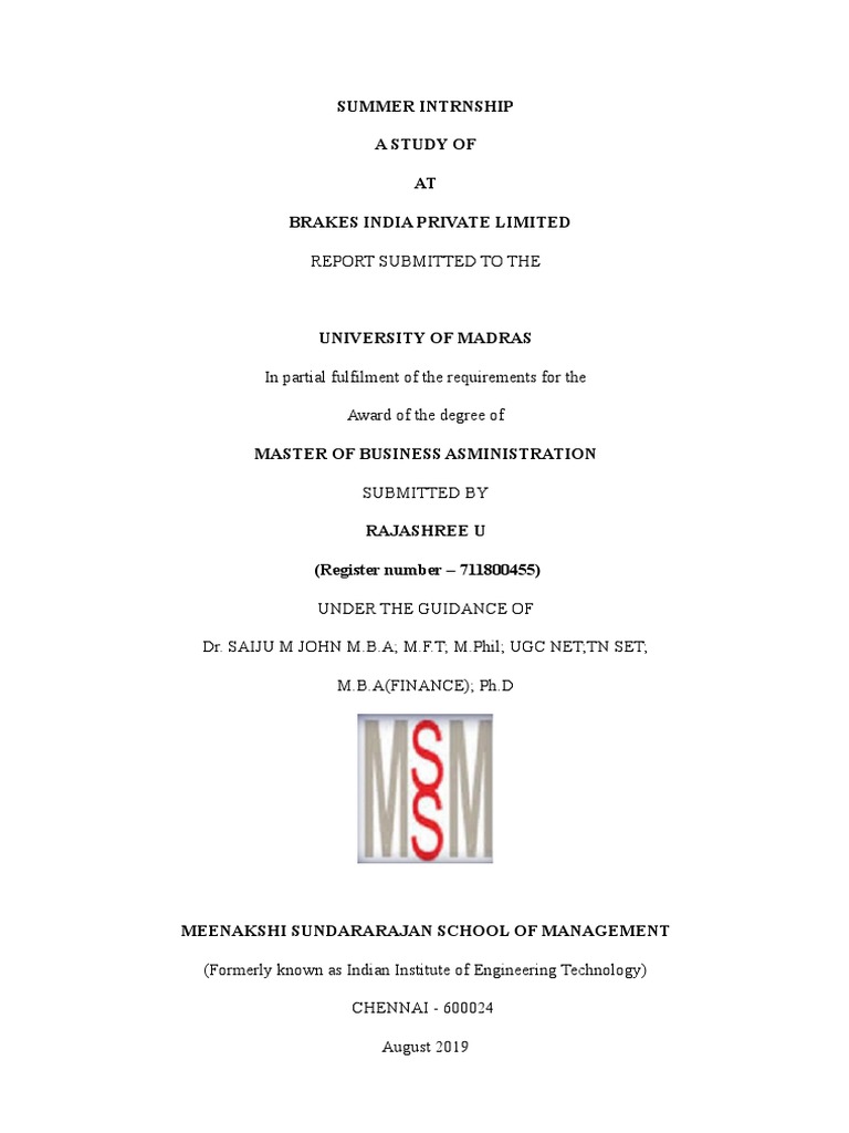 Summer Intrnship A Study of AT Brakes India Private Limited PDF
