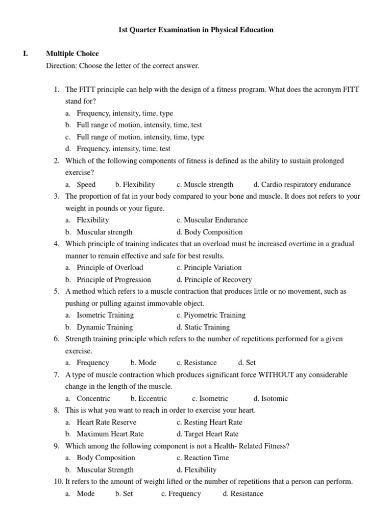 1st Quarter PE Exam Review | PDF | Strength Training | Physical Fitness