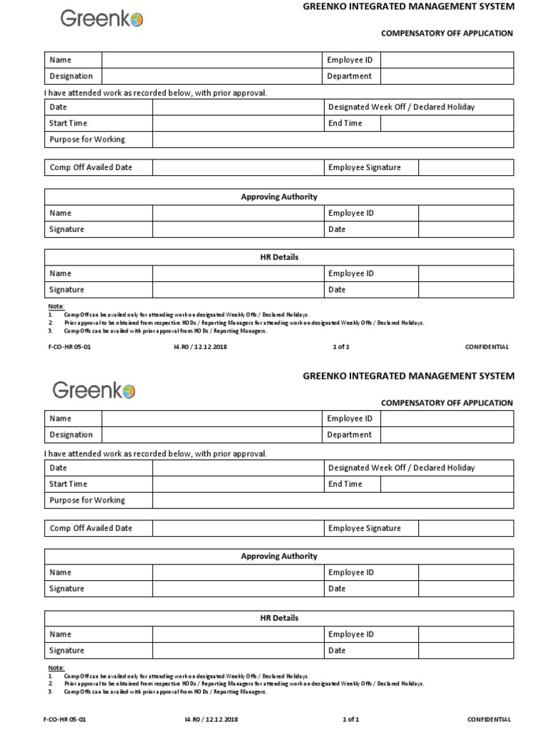 Compensatory Time Off Application Form for Greenko Integrated ...
