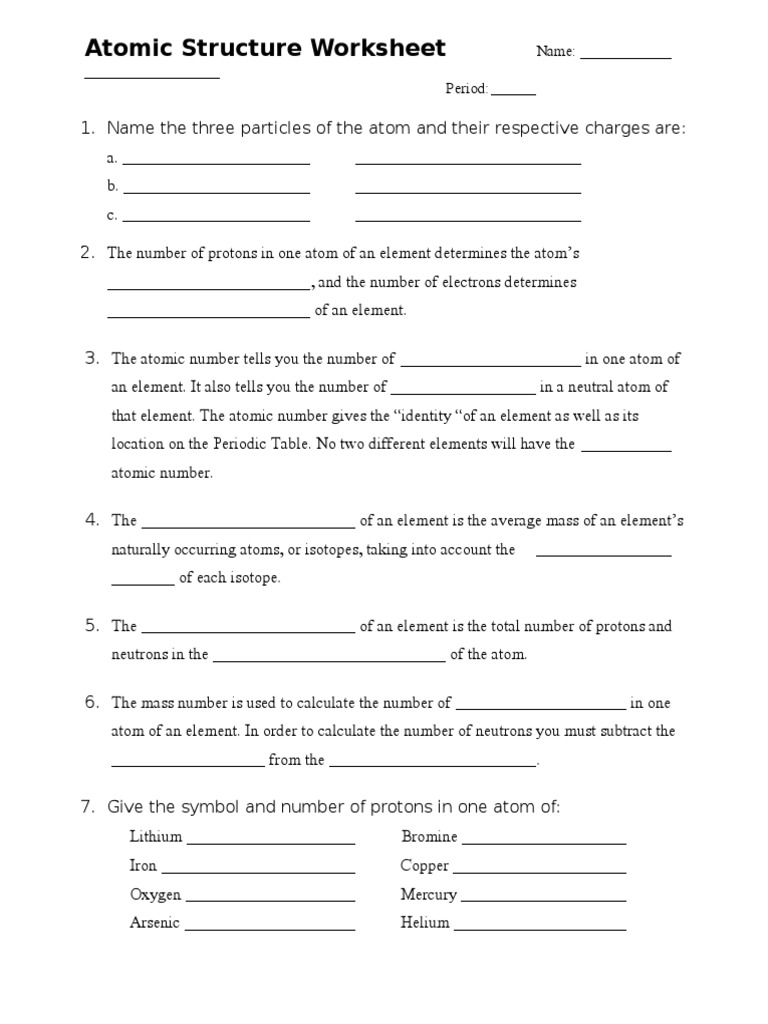 Atomic Structure Packet Doc Atoms Chemical Elements