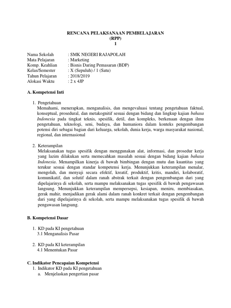 RPP Dasar Pemasaran SMK 2018/2019 | PDF | Karier & Perkembangan
