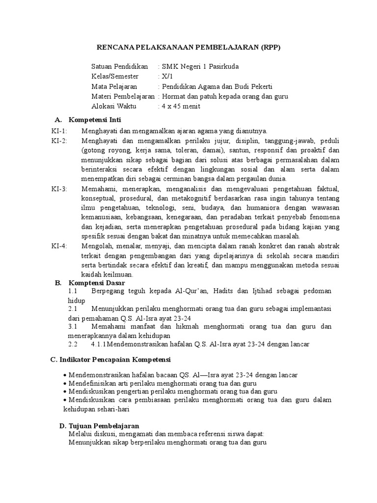 Rpp Menghormati Orang Tua Dan Guru Xi