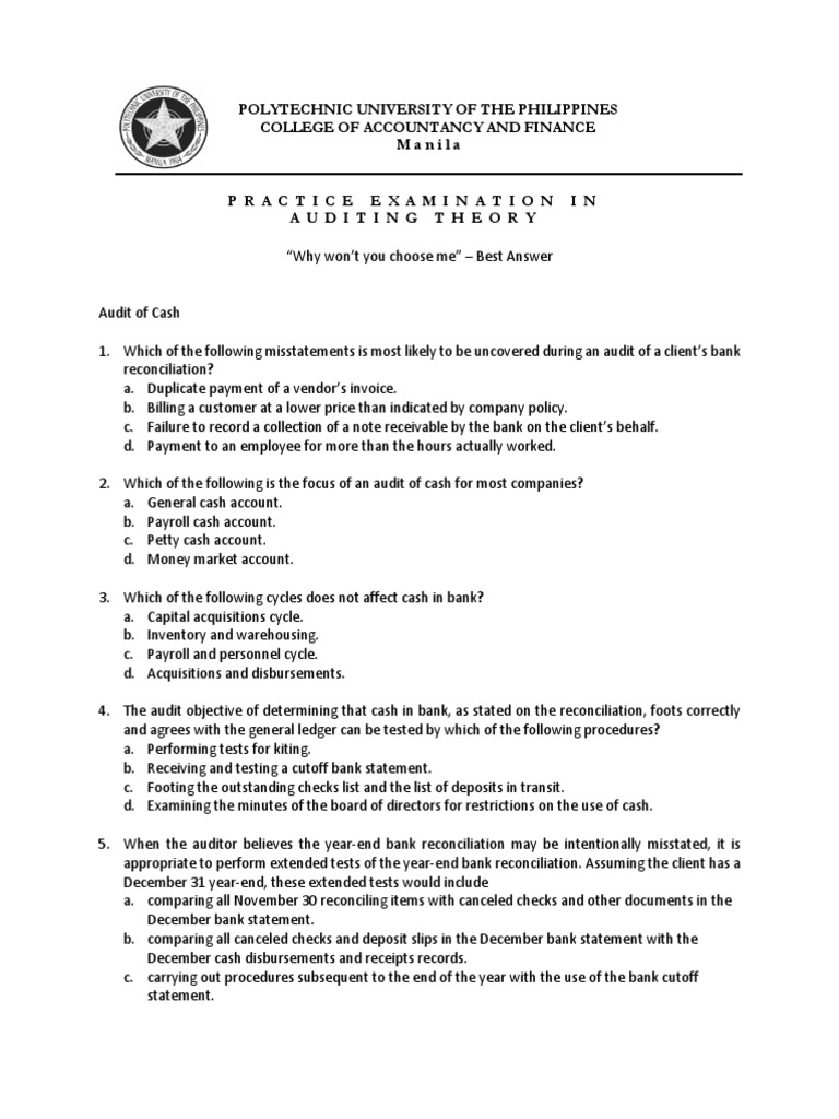 Practice Examination in Audit. | PDF | Audit | Securities (Finance)