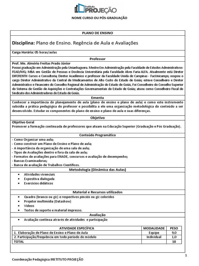 Plano de Ensino para Educação Superior | PDF | Pós-graduação | Ensino ...