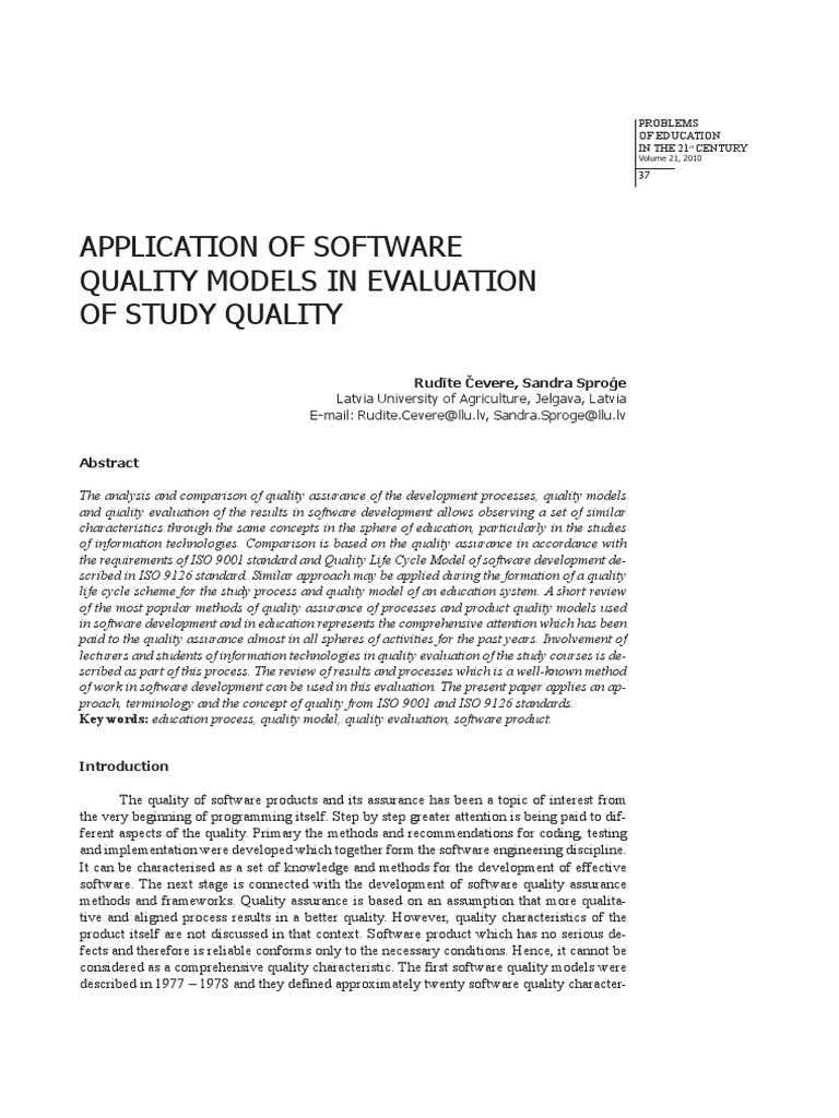 Application of Software Quality Models in Evaluation of Study Quality ...