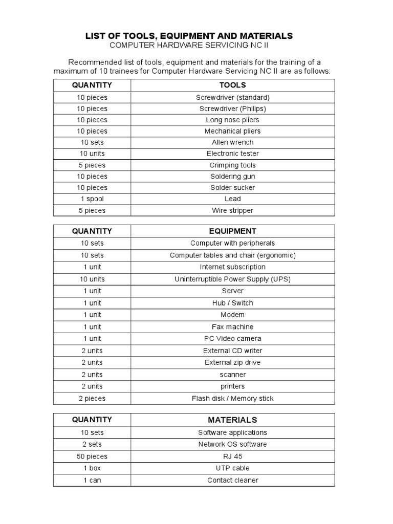 List of Tools and Equipment Computer | PDF | Personal Computers | Usb ...