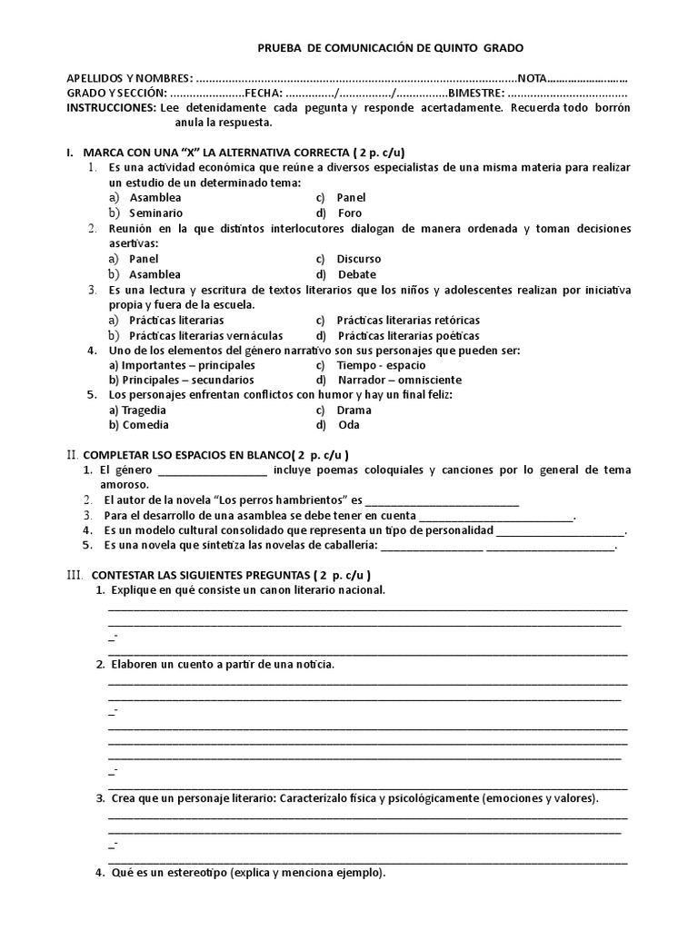 Evaluación de Novela para Quinto Grado | PDF | Novelas