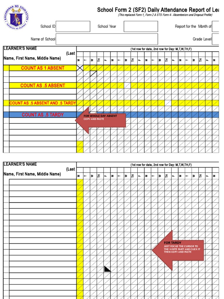 School Form 2 (SF2) Daily Attendance Report of Learners: Count As 1 ...