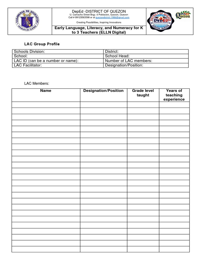 LAC Group Pro Le, LAC Facilitator Information Sheet, LAC Session Report