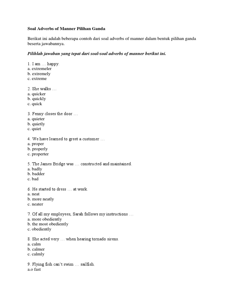 Soal Adverbs Of Manner Pilihan Ganda Adjective Preposition And Postposition