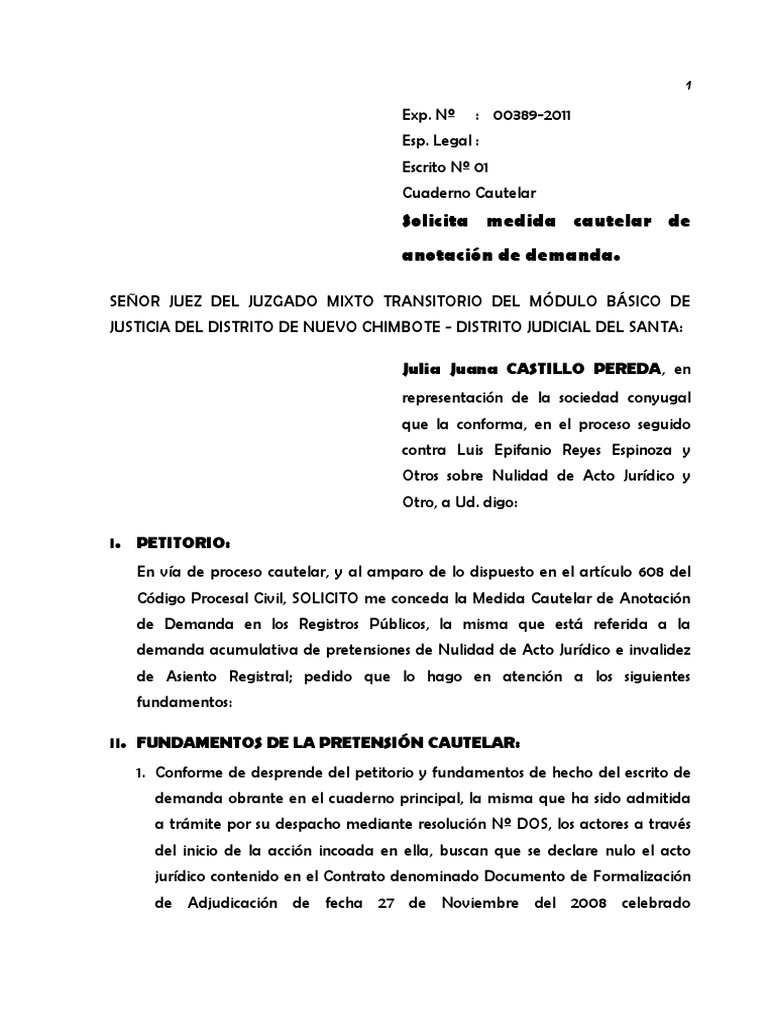 Solicita Medida Cautelar de Anotación de Demanda - Nulidad de Acto Jurídico  | PDF | Mandato | Ley procesal