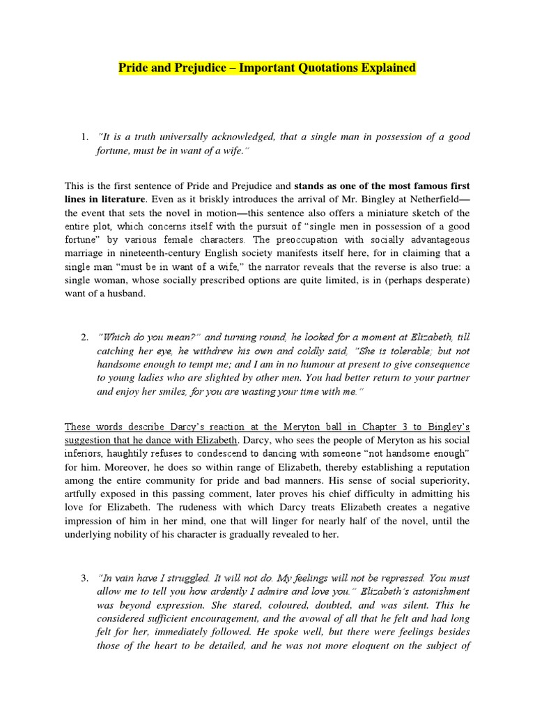 Pride and Prejudice Important Quotations Explained PDF Mr. Darcy