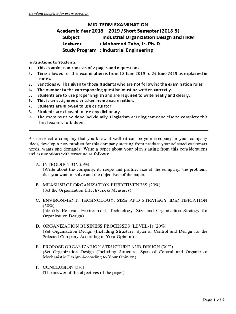 Industrial Organization Exam Template | PDF | Test (Assessment) | Design