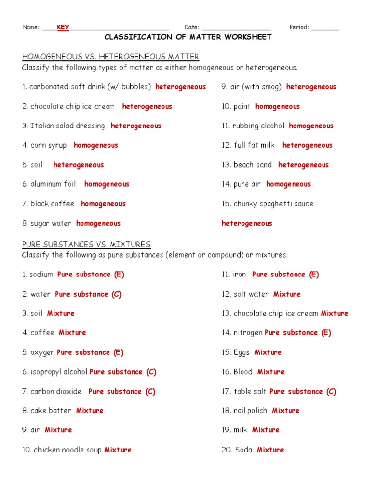 Classification of Matter ANSWER KEY  PDF  Mixture  Chemical Intended For Classifying Matter Worksheet Answer Key