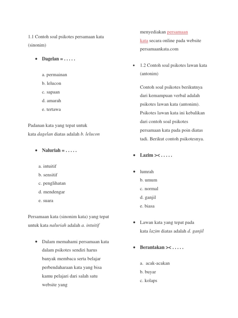 Contoh Soal Psikotes Persamaan Kata Sinonim