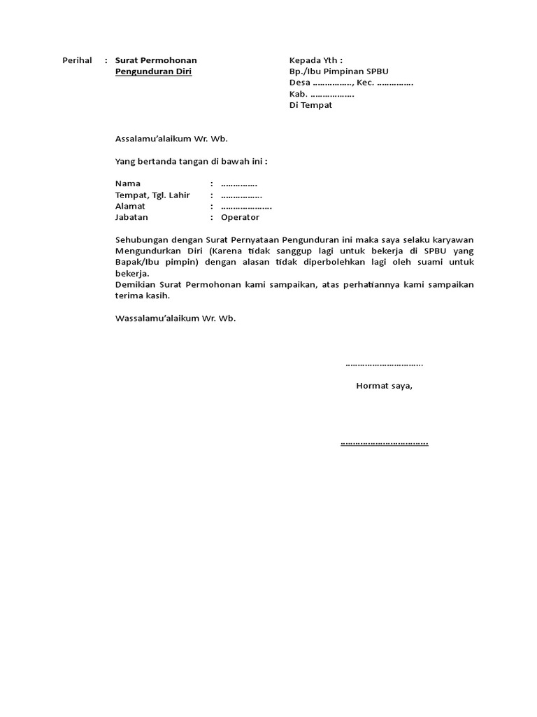 Surat Pengunduran Diri Karyawan Spbu Pdf