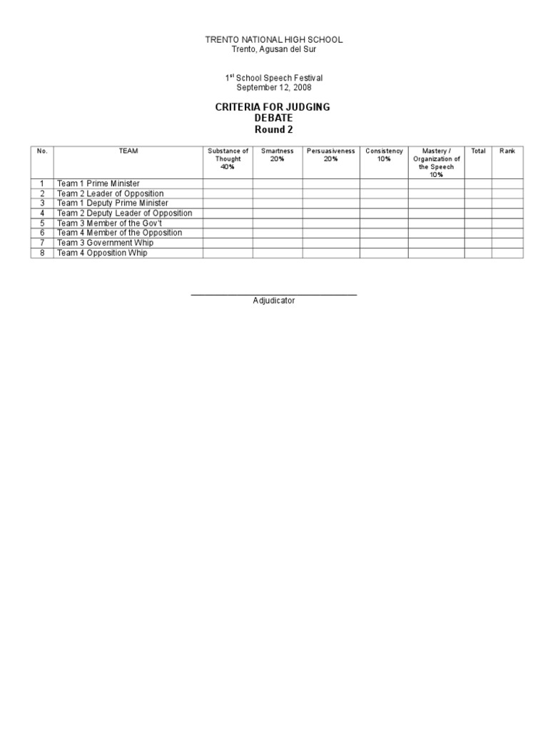 Criteria For Judging Debate Round 2 PDF Political Events Government
