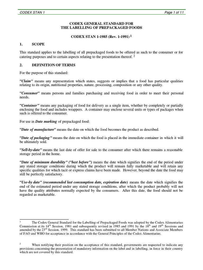 Codex General Standard For The Labelling of Prepackaged Foods CODEX