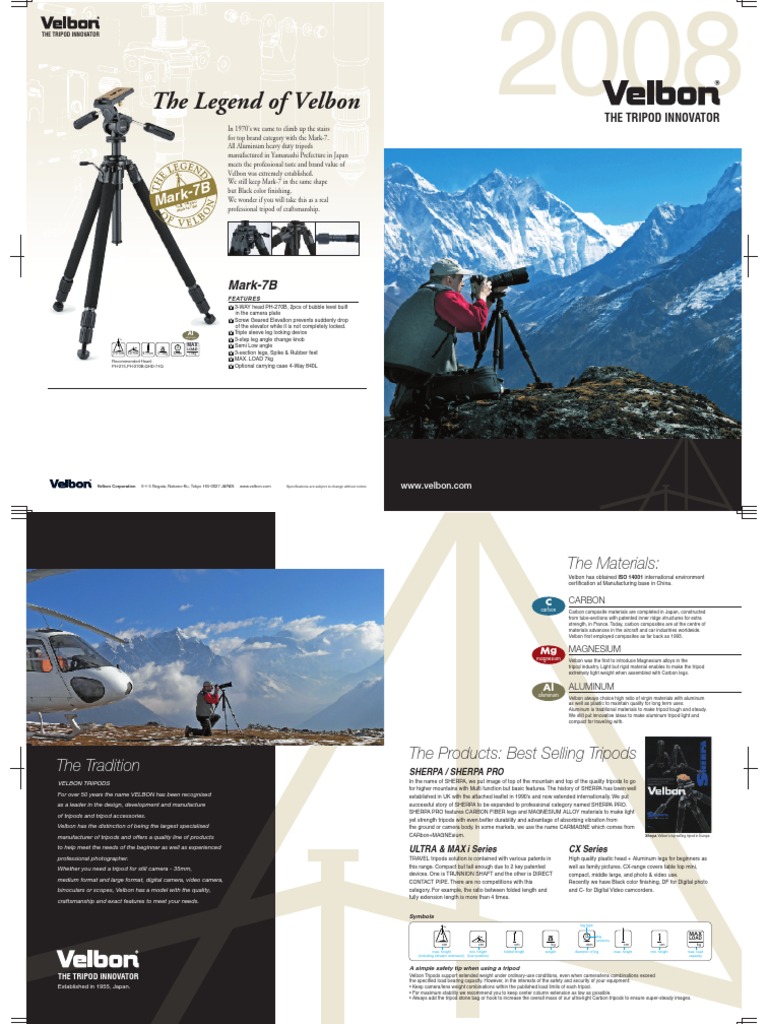 Catalogue VELBON 2008 | PDF | Tripod (Photography) | Camera