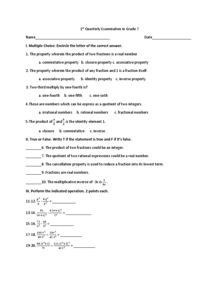 1st Quarterly Examination in Grade 7 FINAL | PDF | Fraction ...