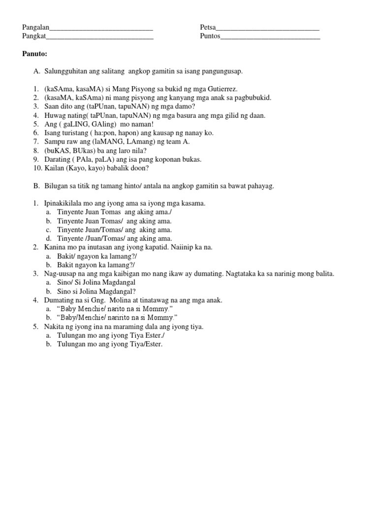Maikling Pagsasanay Ponemang Suprasegmental | PDF