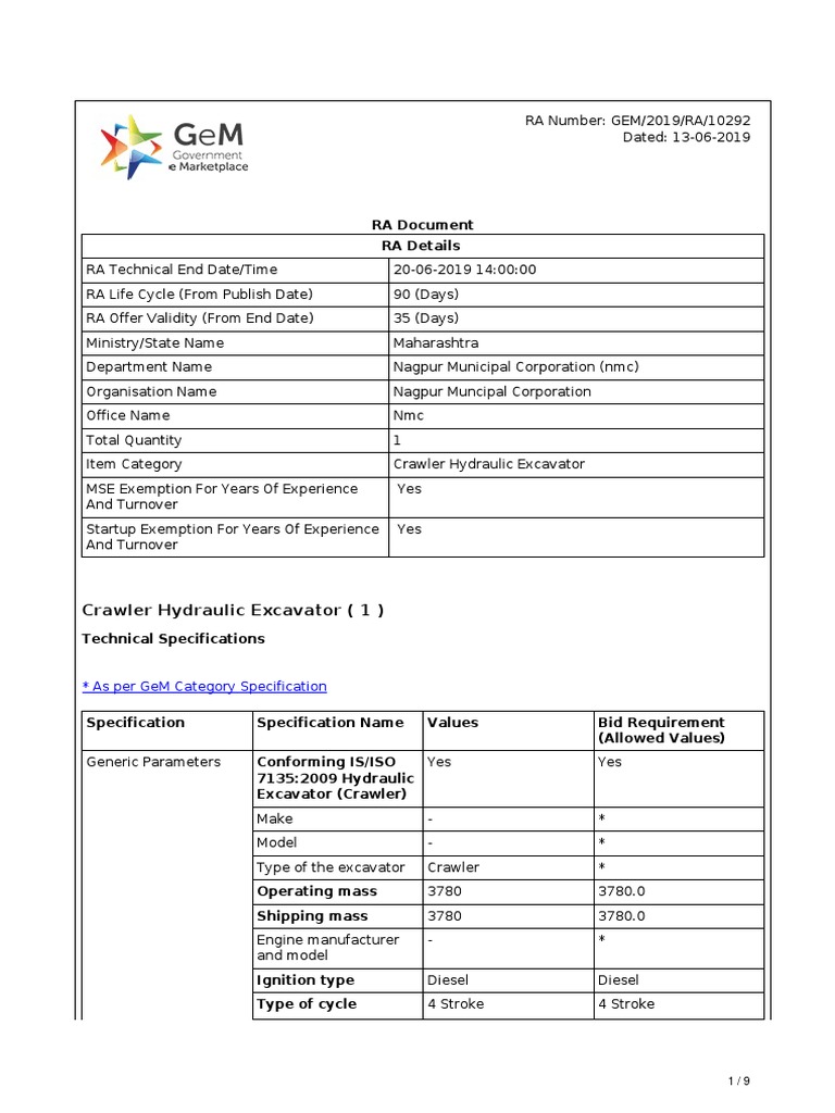 RA Document RA Details: Crawler Hydraulic Excavator (1) | PDF | Diesel ...