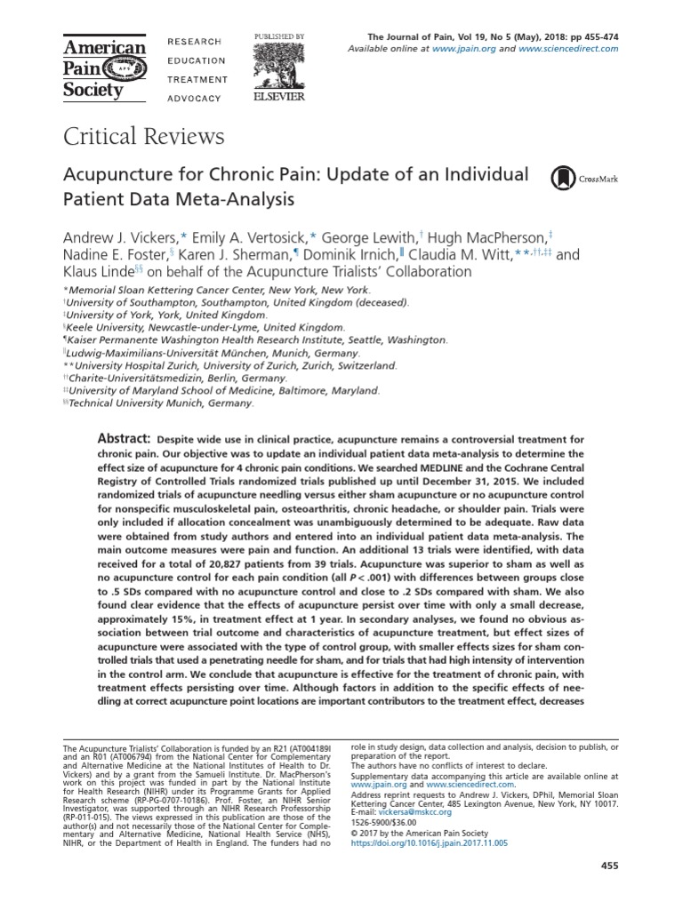 Critical Reviews Acupuncture For Chronic Pain Update of An Individual