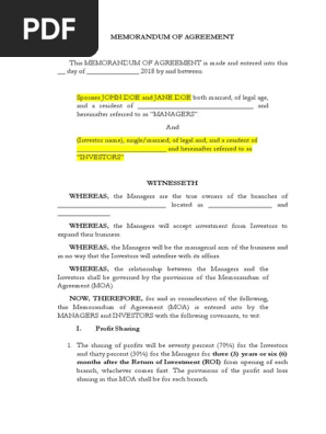 Memorandum of Agreement for Investment