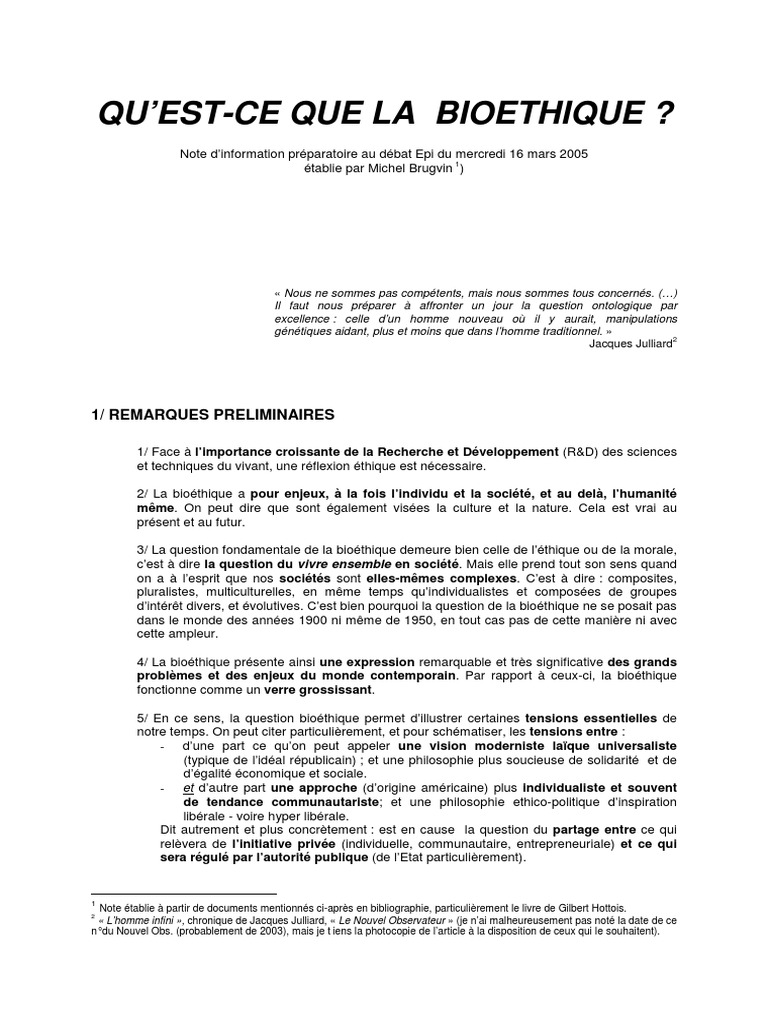 Michel Brugvin Qu'Estce Que La Bioéthique? PDF Bioéthique Génétique