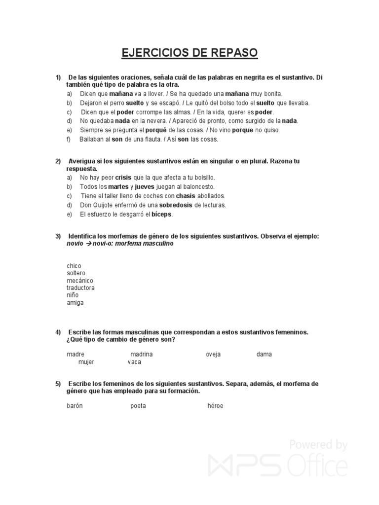 Ejercicios de Clases de Palabras PDF Sustantivo Género gramatical