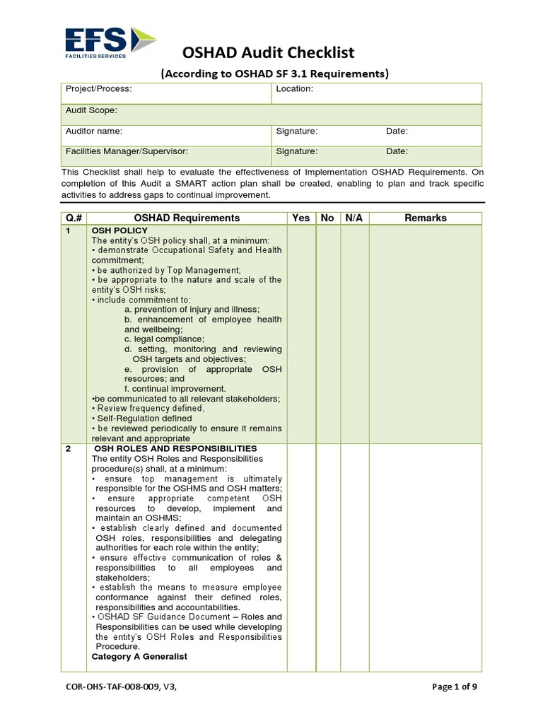 Cor-Ohs-Taf-000-000 Oshad Audit Checklist, V1 | PDF | Risk Management ...
