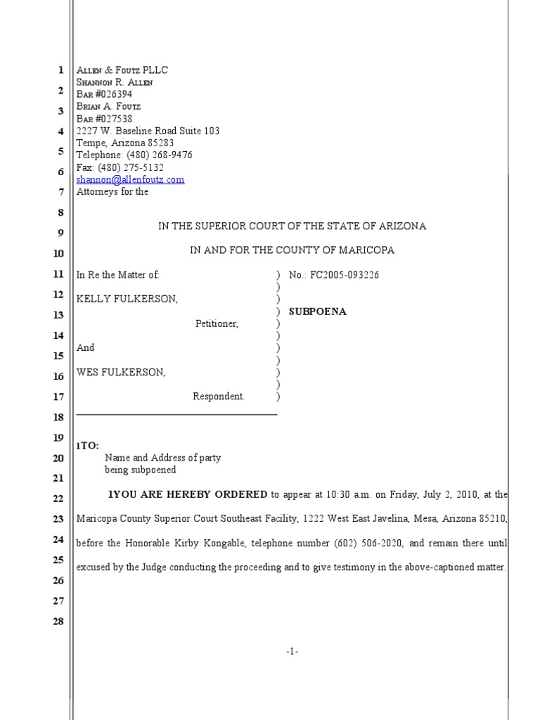 Subpeona Sample Subpoena Discovery (Law)