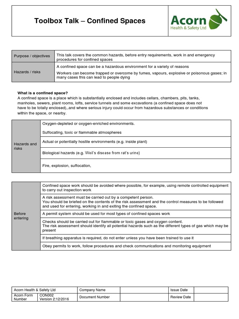 Aug Toolbox Talks Confined Spaces 0517 PDF Hazards Emergency