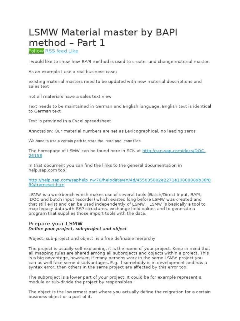 LSMW for Material Master via BAPI | PDF | Text File | Computer File