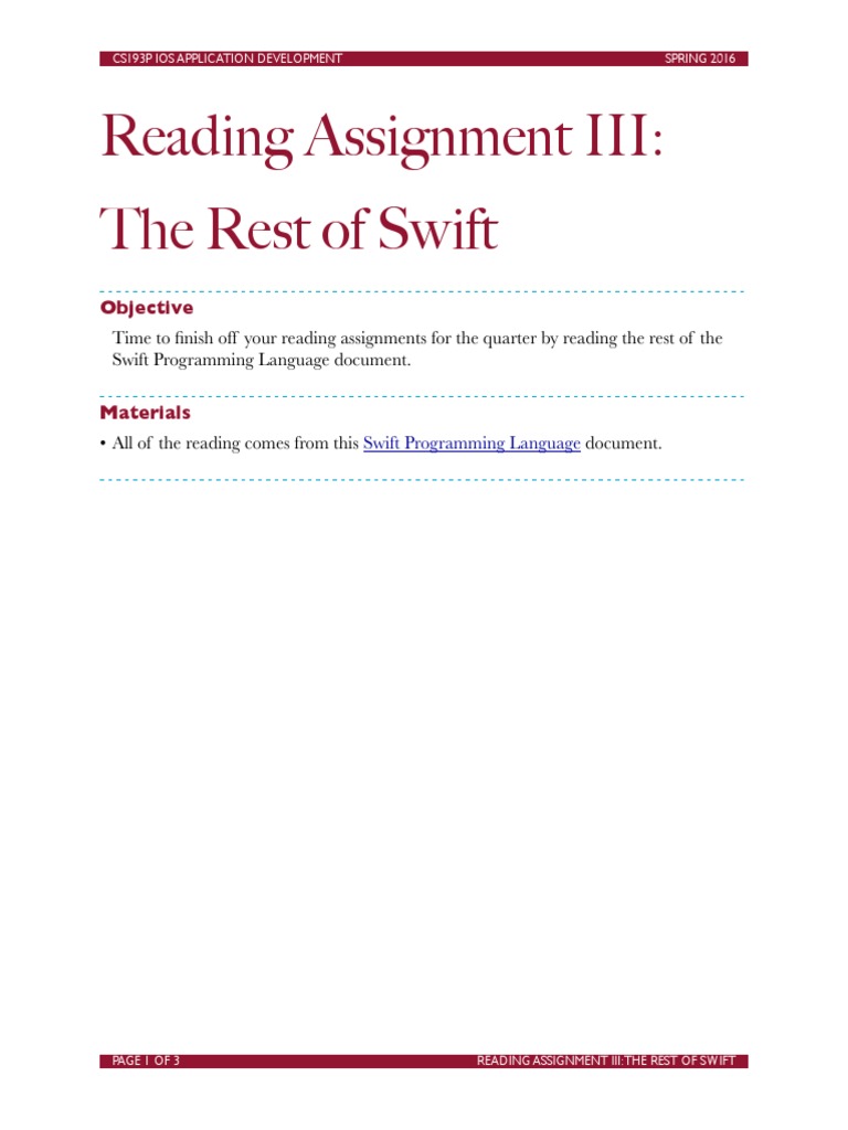 Reading 3 The Rest of Swift | PDF | Swift (Programming Language ...