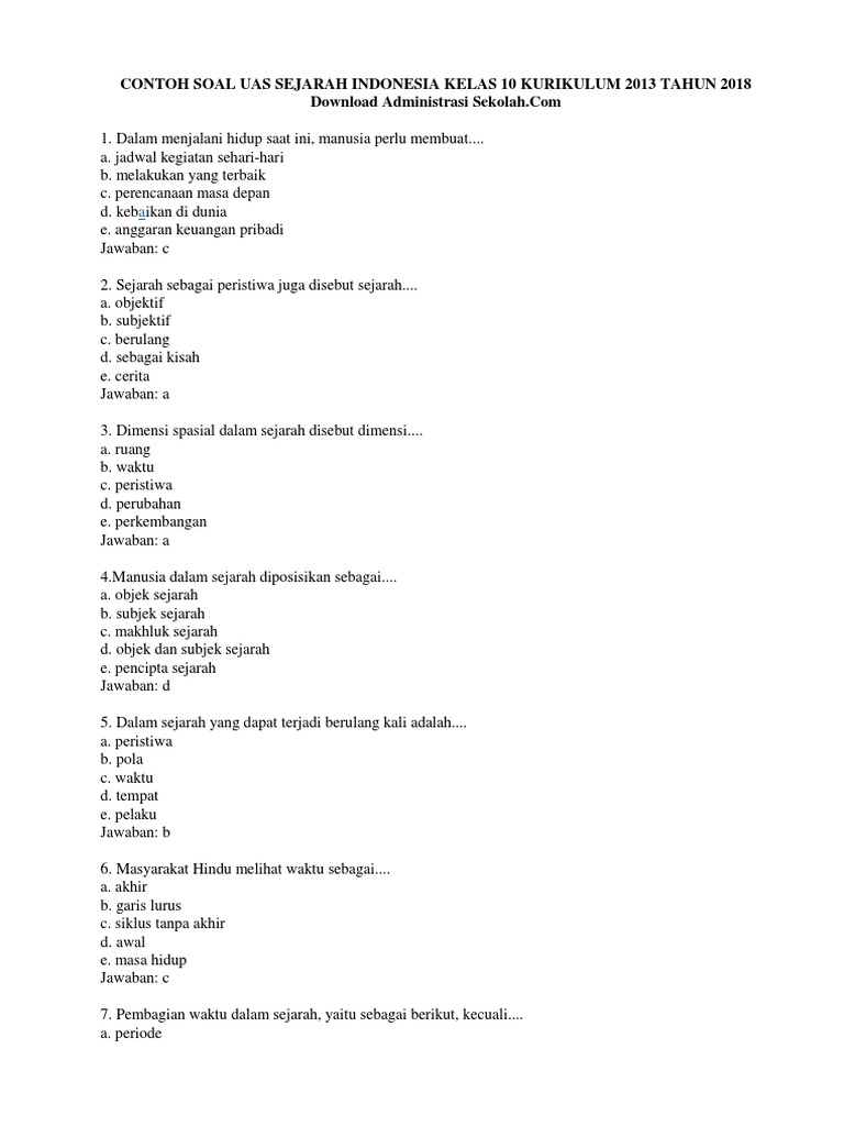 Contoh Soal Uas Sejarah Indonesia Kelas 10 Kurikulum 2013 Tahun 2018