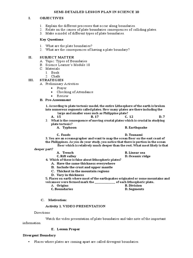 Grade 10 Plate Boundaries Lesson Plan | PDF | Plate Tectonics | Crust ...