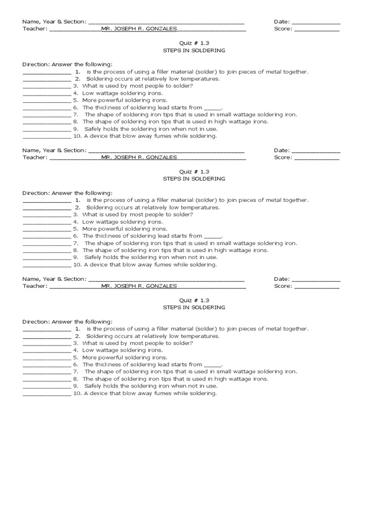 Quiz Steps in Soldering Grade 10 Download Free PDF Soldering Solder