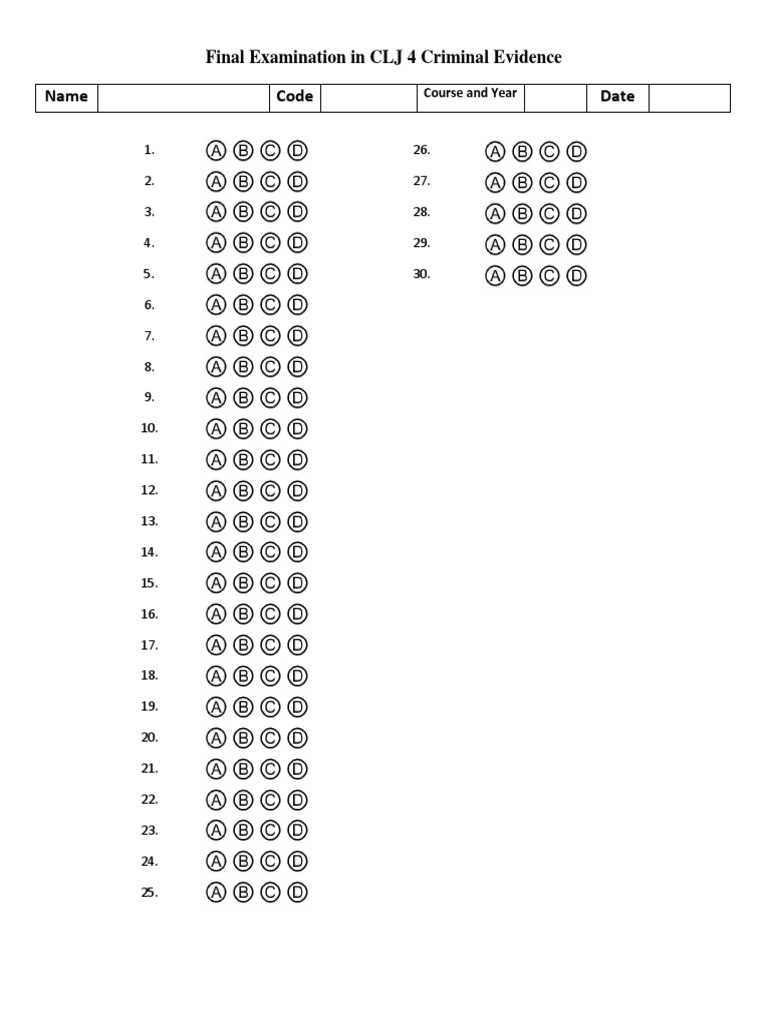 MCQ Answer Sheet for Criminal Evidence | PDF