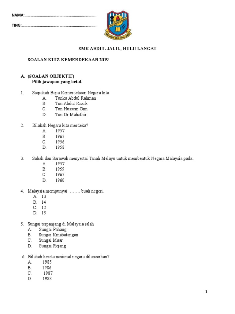 Jawapam Soalan Kuiz Kemerdekaan 2019 Pdf