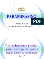 Paraphrasing: Instructor: Zesa S. Mino, LPT, Maed