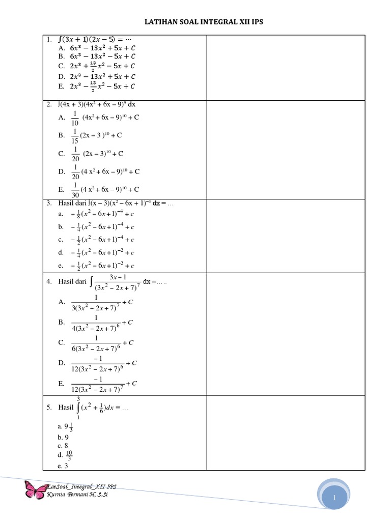Integral Practice Questions for XII IPS | PDF