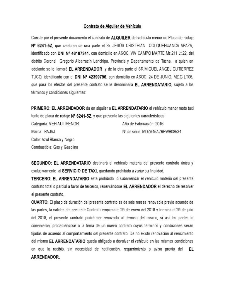 Contrato de Alquiler de Mototaxi | PDF