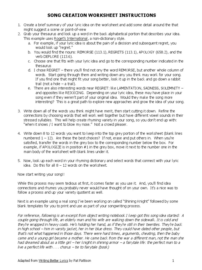 Song Creation Worksheet Guide | PDF | Languages | Language Arts ...
