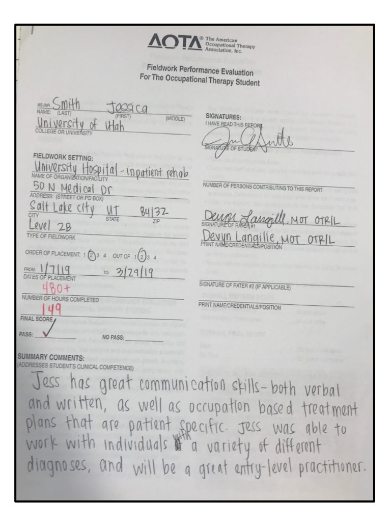 Aota Fieldwork Feedback Form Inpt Rehab PDF
