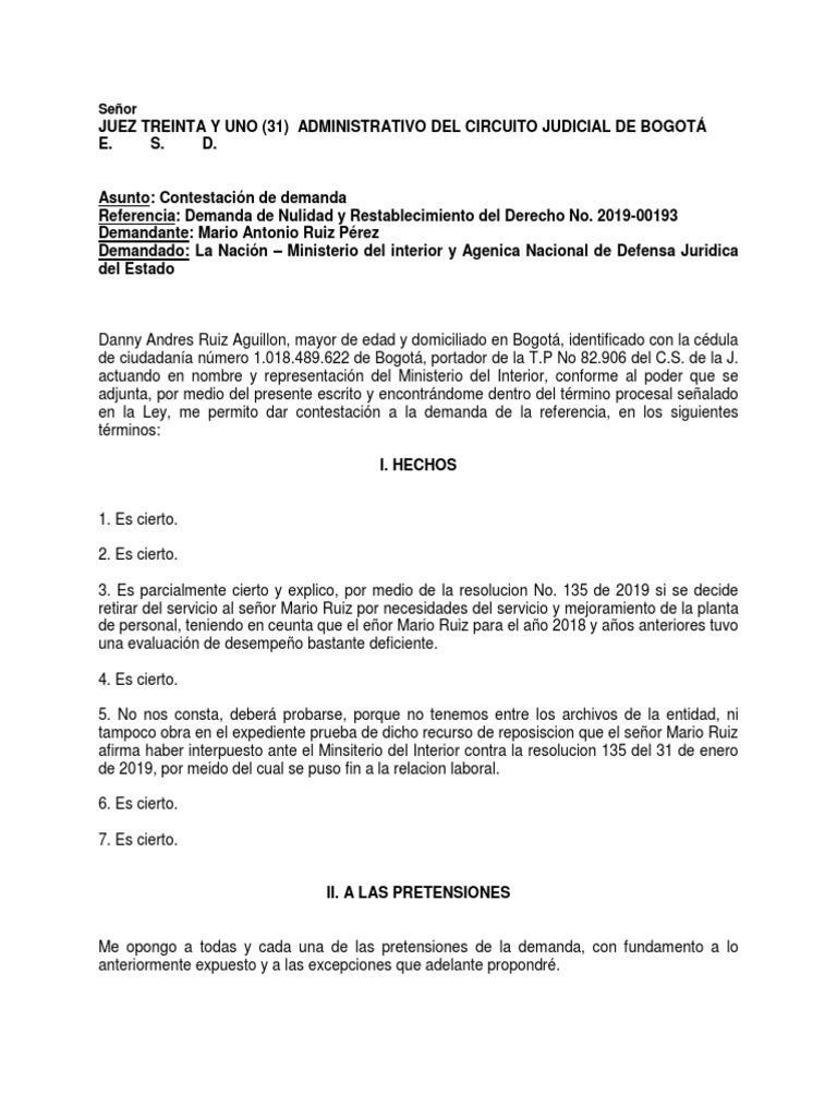 Excepciones Contestacion Demanda Nulidad y Restablecimiento Del Derecho |  PDF | Debido al proceso | Demanda judicial