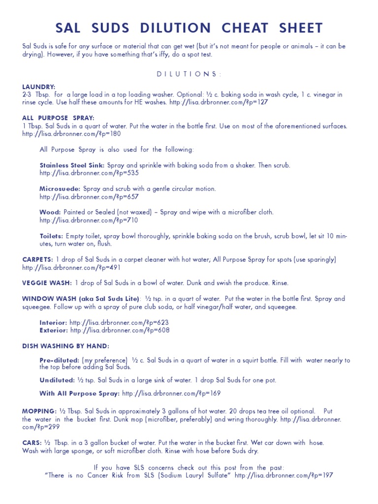 Sal Suds Dilution Cheat Sheet PDF Sodium Bicarbonate Washing Machine