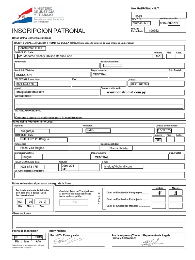 Inscripción Patronal MTESS y Requisitos | PDF