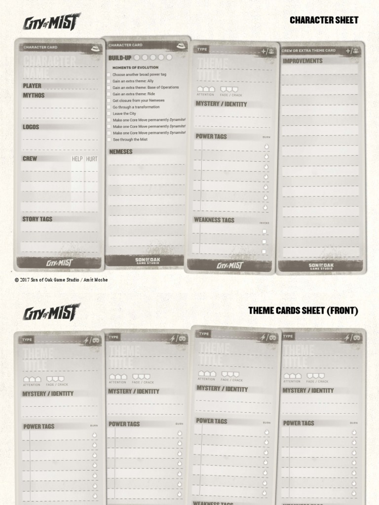 City of Mist RPG Character Sheet PDF